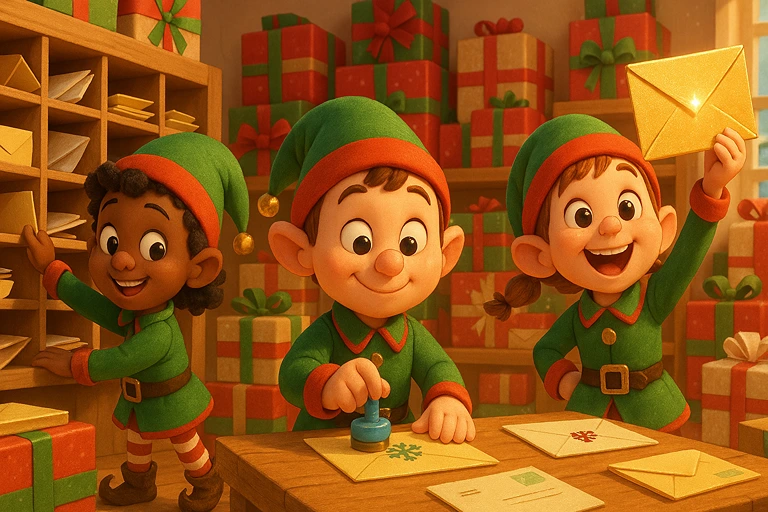 Joyful Elves in Mailroom Joyful Elves in Mailroom